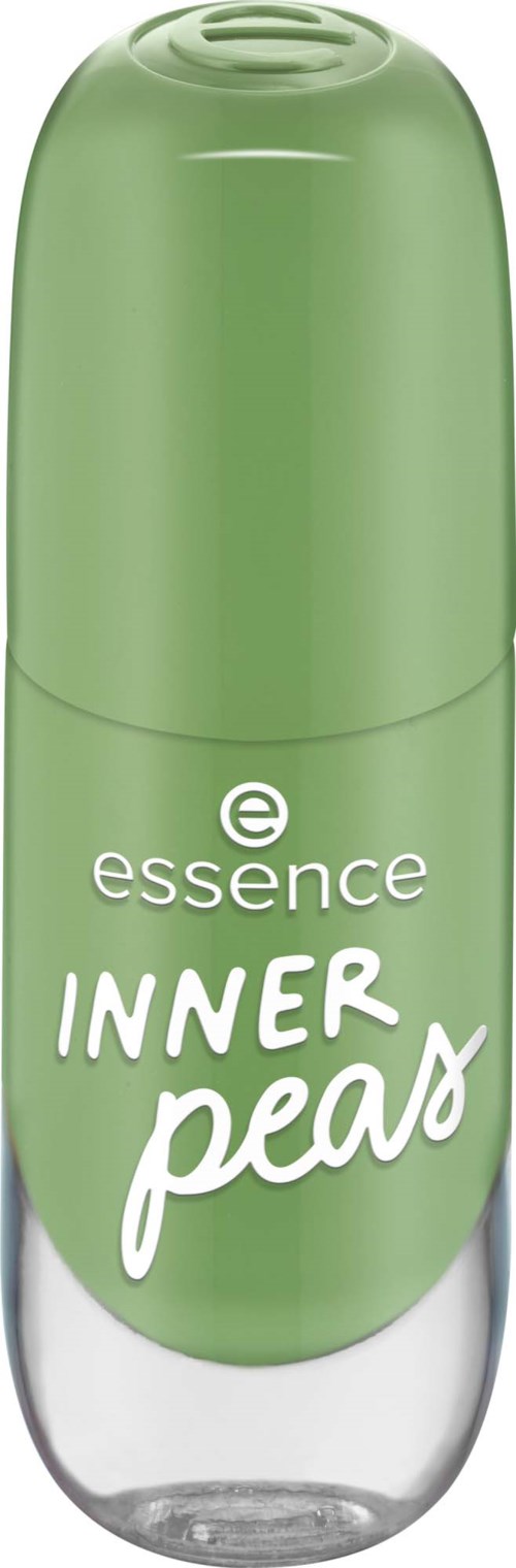 Vihreä, sylinterin muotoinen pullo, jossa on selvä pohja, ja etiketti 'essence Inner Peas', mahdollisesti ihonhoitotuote tai kosmetiikka.