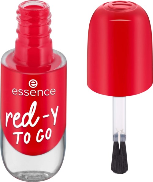 Punainen kynsilakkapullo harjalla, merkattu 'essence red-y TO GO' nopeaa käyttöä varten.
