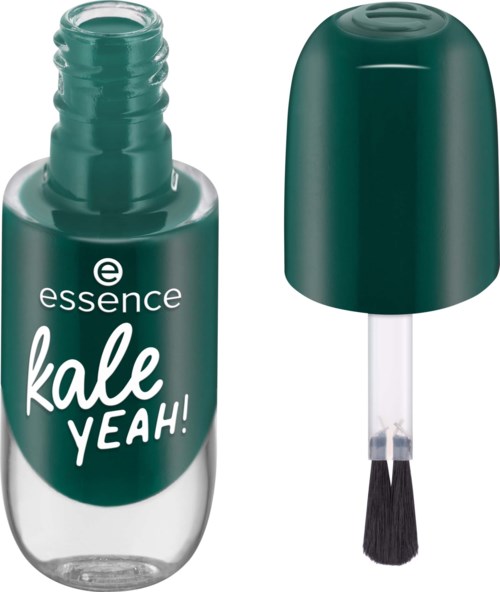 Kynsilakkapullo, jossa vihreä kansi ja sivellin, merkitty 'essence kale YEAH!'.