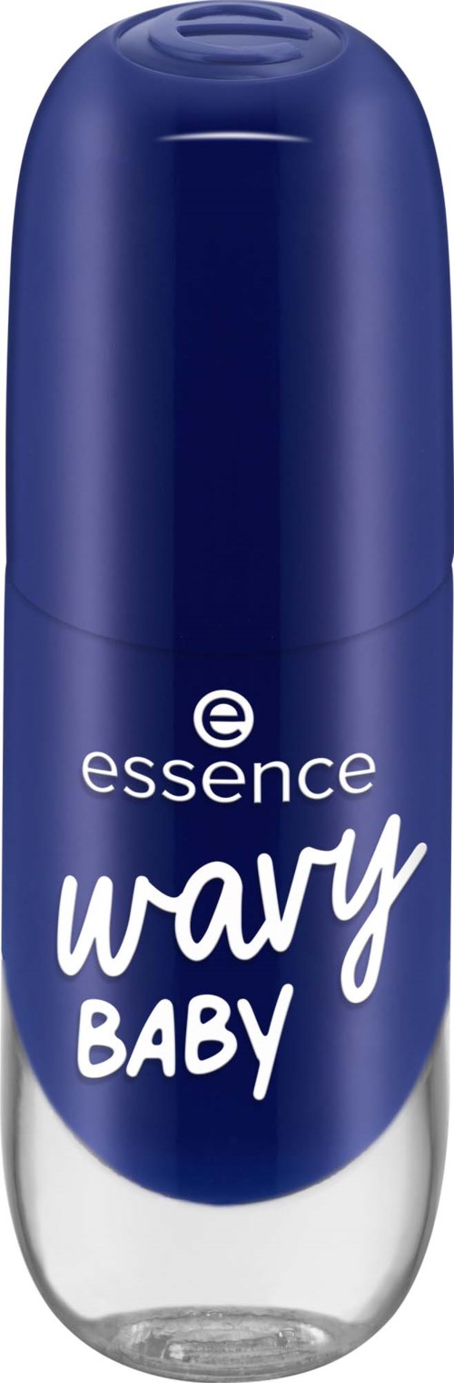 Sininen roll-on-hajuste, nimeltä 'Wavy Baby' Essence-merkkinen, hopeinen pohja. Yksinkertainen muotoilu.