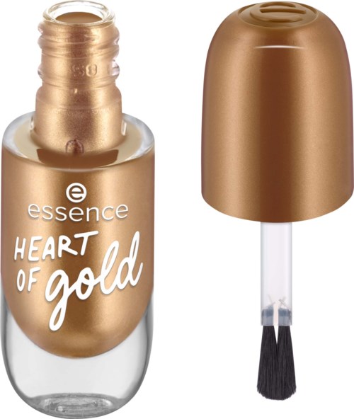 Gouden nagellakfles met bijpassende dop en kwast. Labels lezen "Heart of Gold" en "essence."