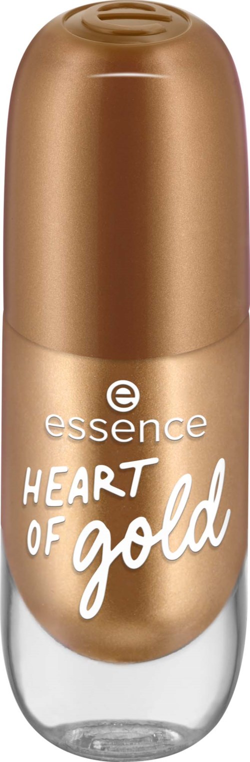 Een kleine, goudkleurige parfumfles met een doorzichtige onderkant, labeled 'Heart of Gold' door Essence.