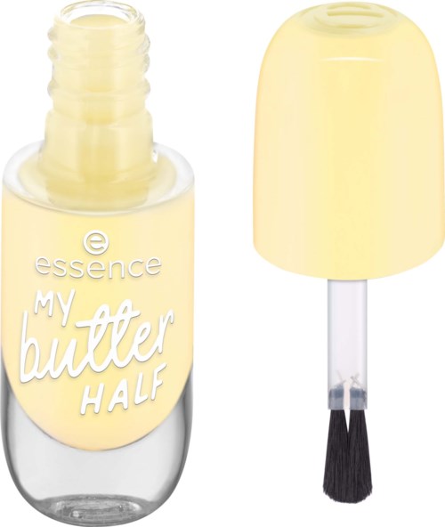 Keltainen kynsilakkapullo, jossa lukee 'My Butter Half', korkki ja sivellin. Pullo on auki levittämistä varten.