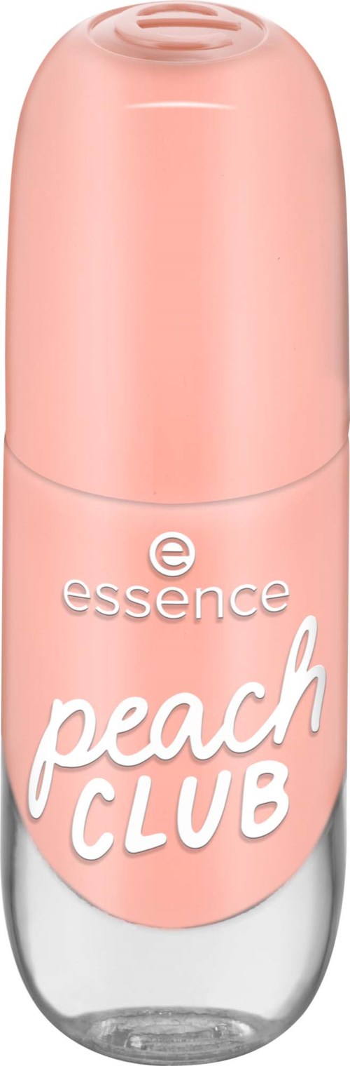 Pieni vaaleanpunainen roll-on pullo, jossa lukee 'peach CLUB' Essence-merkkinen. Se on hajuvesi tai deodorantti.