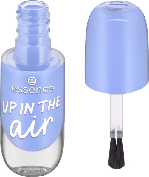 Sininen kynsilakkapullo soothe harjaspäällyden. Etiketti sanoo "UP IN THE AIR" ja "essence."