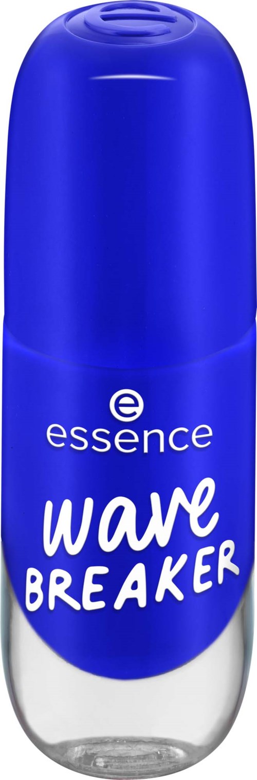 Sininen suihkepurkki, jossa on hopeainen alaosa ja teksti "essence wave breaker."