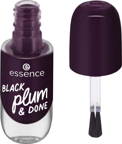 En neglelakkflaske merket 'Black Plum & Done' med børste og lokk fjernet.