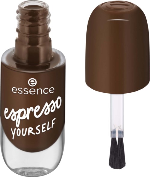 Pieni ruskea pullo, jossa on korkki ja sivellin, nimeltä 'essence espresso YOURSELF', sisältää kynsilakan.