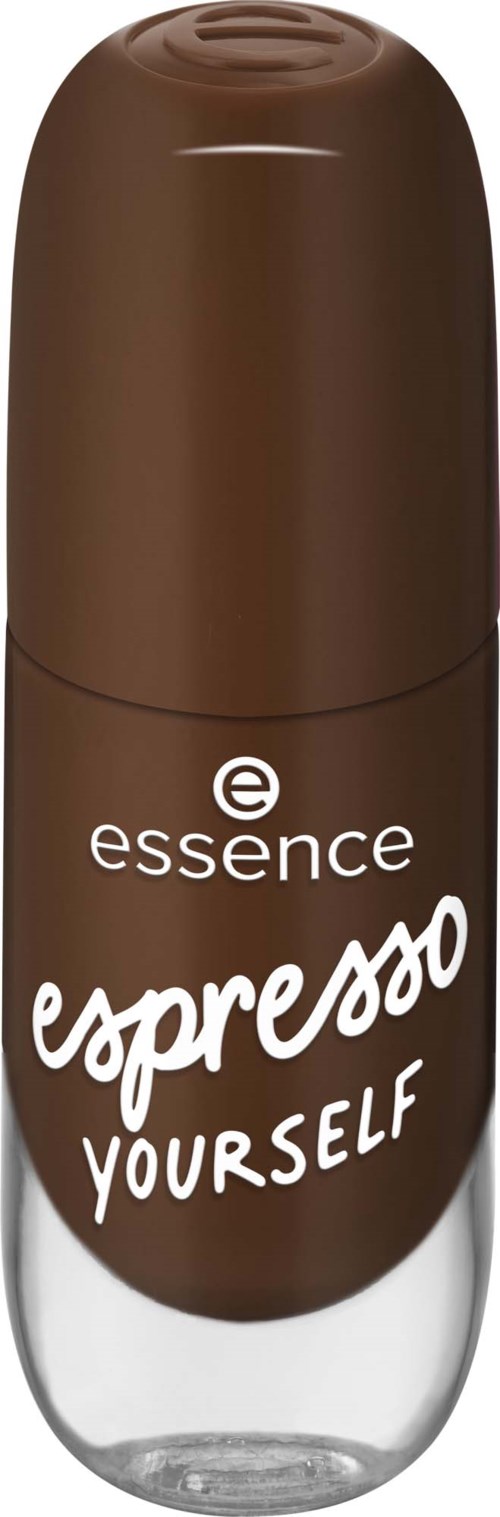 Ruskea ja läpinäkyvä pullo, jossa lukee 'essence espresso YOURSELF' kahviin tai espressoon liittyvä tuote.
