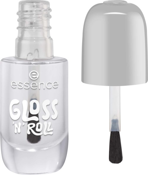En genomskinlig nagellackflaska med vit lock och en svart borste fäst inuti locket.