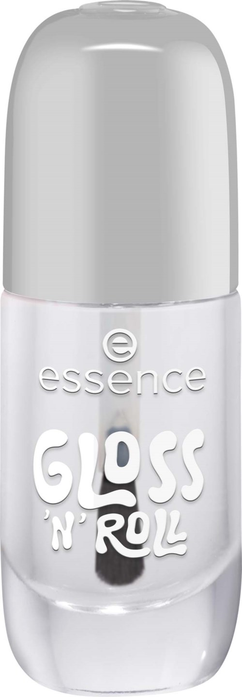 En vit flaska med Essence Gloss N' Roll läppglans med silverkork.