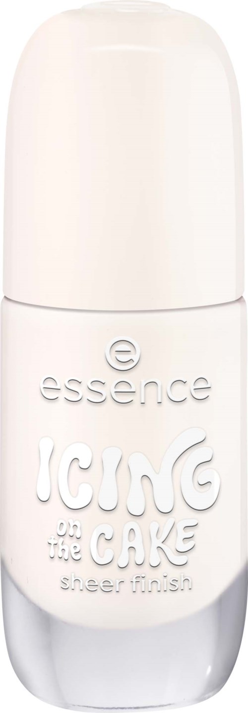 En vit deodorant i roll-on-flaska med texten essence och Icing the Cake på etiketten.