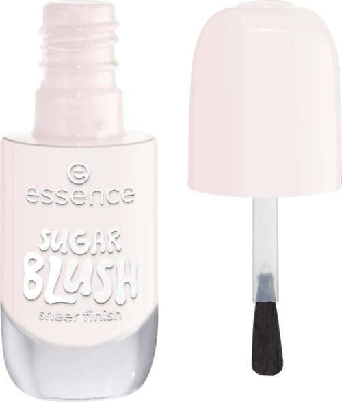En vit nagellackflaska med pensel, märkt Essence Sugar Blush Sheer Finish.