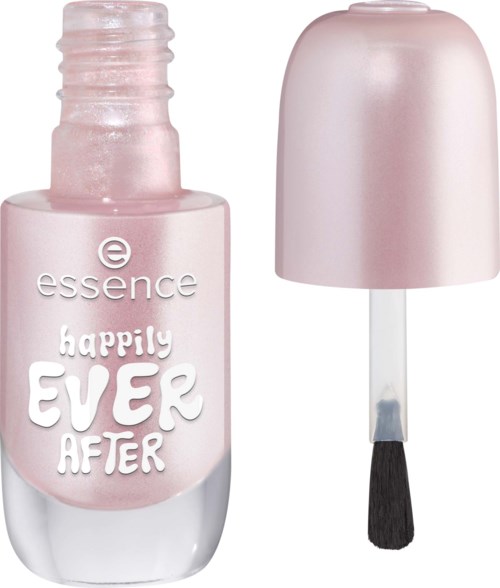 Ljusrosa nagellackflaska med lock och borste, märkt Happily Ever After av Essence.