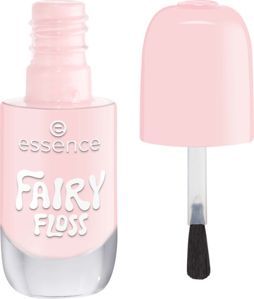 Pink nagellackflaska med lock och borste, märkt Fairy Floss från varumärket Essence.