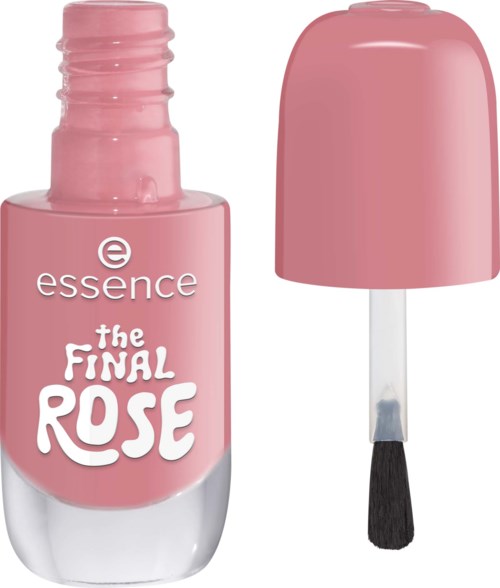 Ljusrosa nagellackflaska med lock och borste, märkt The Final Rose av essence.