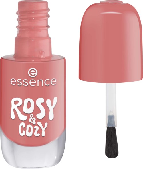 Rosafärgad nagellackflaska med lock och borste. Etiketten säger essence ROSY & COZY.