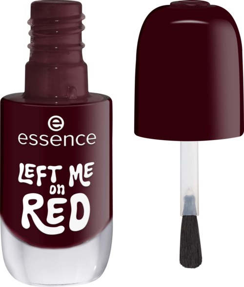 En vinröd nagellackflaska med svart lock och borste, märkt 'Left Me on Red.'