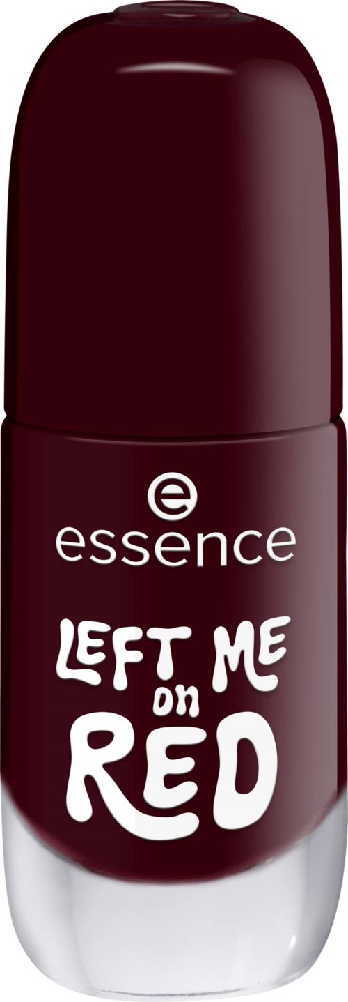 En vinröd läppstift med vitt text och silverbotten. Etiketten säger Essence, Left Me on Red.