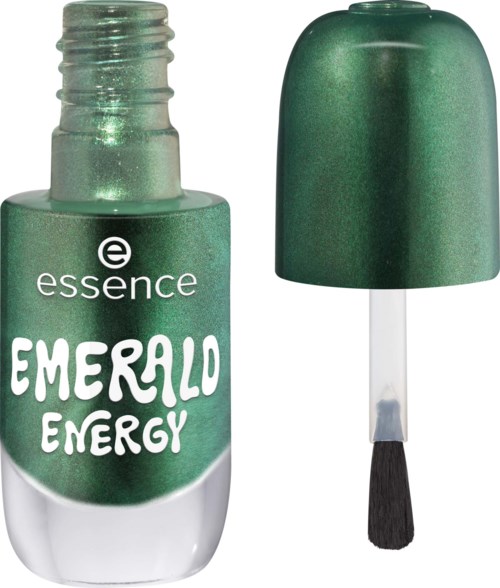 Grönt nagellack i flaska med lock och pensel, märkt Essence Emerald Energy.