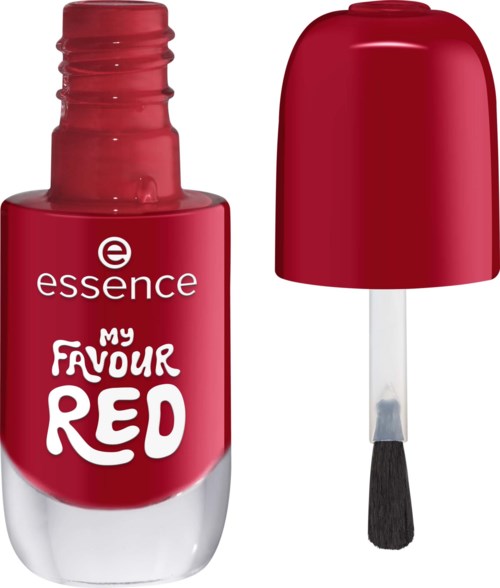 Röd nagellackflaska med svart borste och rött lock inuti. Etiketten säger Essence My Favourite Red.