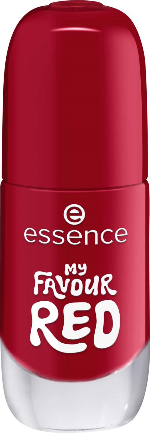 Röd rull-deodorant med vit och svart text, märkt essence My Favour Red.
