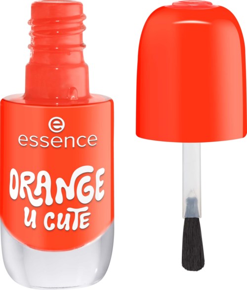Pieni oranssinvärinen kynsilakkapullo, jossa on valkoinen kansi ja sivellin sisällä. Siinä lukee 'ORANGE' ja 'U CUTE'.