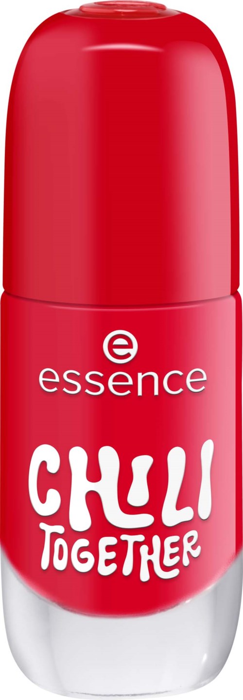 En röd lotionflaska med vit kork, märkt essence chili together, med vitt och rött text.