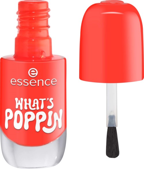 En ljus röd nagellackflaska med avtagbar topp och borste, märkt "What's Poppy" av Essence.