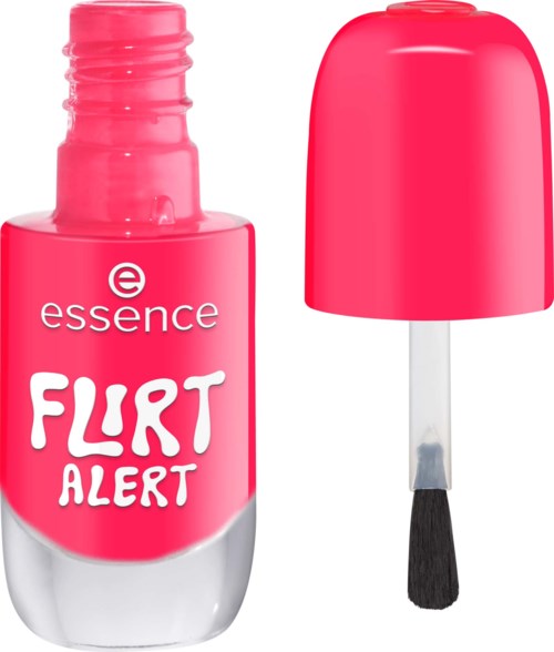 Rosa nagellackflaska med svart borste och lock, märkt Essence Flirt Alert.