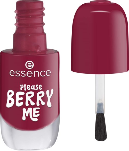 En rosa nagellackflaska med lock och borste, märkt Please Berry Me av essence.