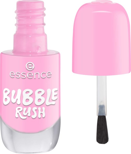 Pink nagellackflaska med borste, märkt Bubble Rush av Essence.