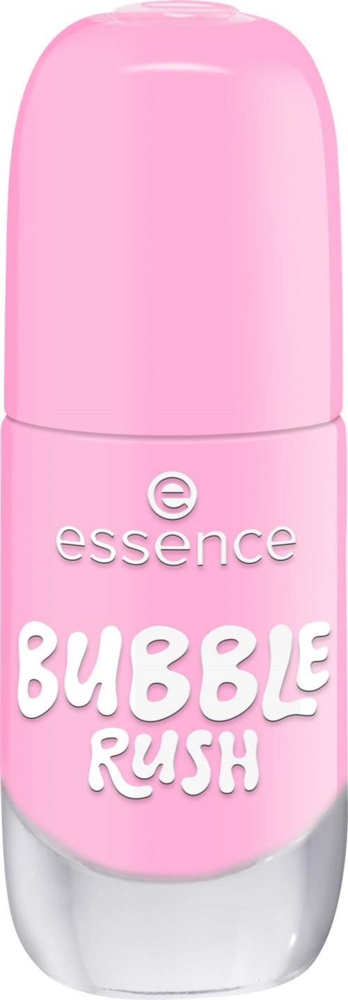 Rosafarvet rullande parfym med vit text: essence BUBBLE RUSH.