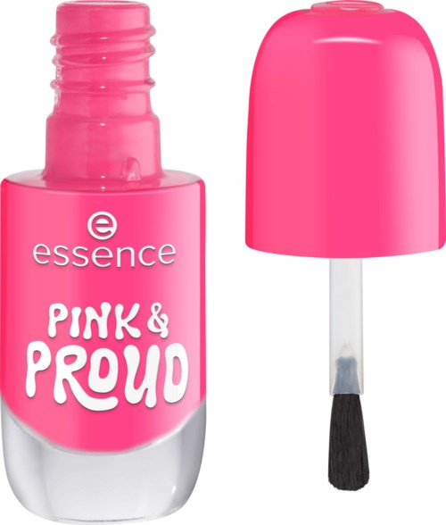 Valkoinen ja pinkki kynsilakkapullo, nimeltä Pink & Proud, essence-merkki. Vaaleanpunainen väri.