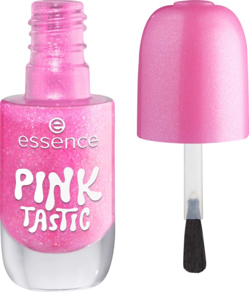 En rosa nagellackflaska med lock och borste bredvid, märk essense PINK TASTIC.