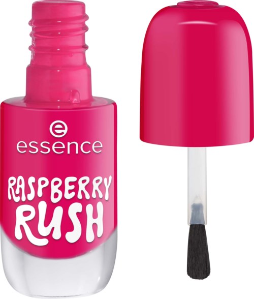Ljusrosa nagellackflaska med lock, märkt Essence Raspberry Rush, och en pensel.