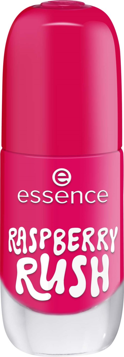 En rosa roll-on deodorant märkt Essence Raspberry Rush med vit text och en silverhatt.