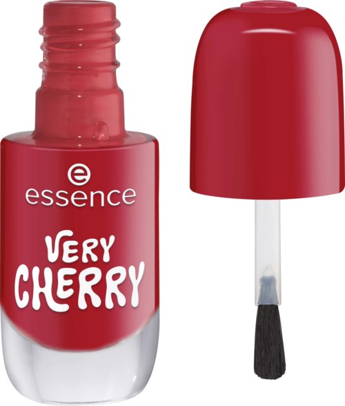 En röd nagellackflaska märkt Very Cherry med matchande lock och borste.