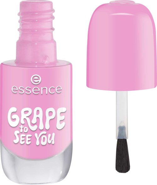 Rosa nagellackflaska med lock, etiketten säger Grape to See You. Ojämn borste inom.