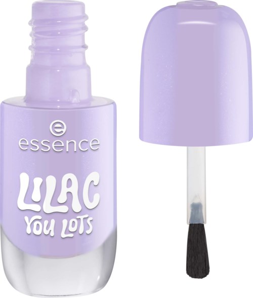 Nagellackflaska i lila färg med ett separat lila lock. Text på flaskan säger Essence Lilac You Lot.