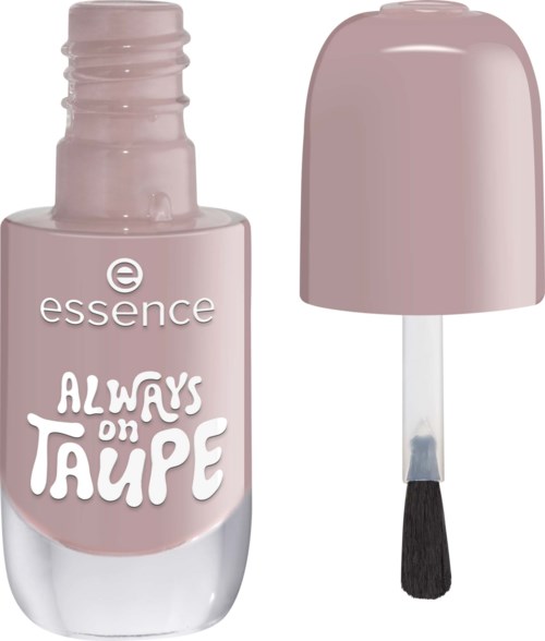 Rodnailslackflaska med borste och lock. Etiketten säger Essence Always on Taupe.