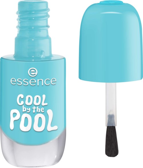 Blå nagellackflaska med lock och pensel, märkt Essence Cool by the Pool.
