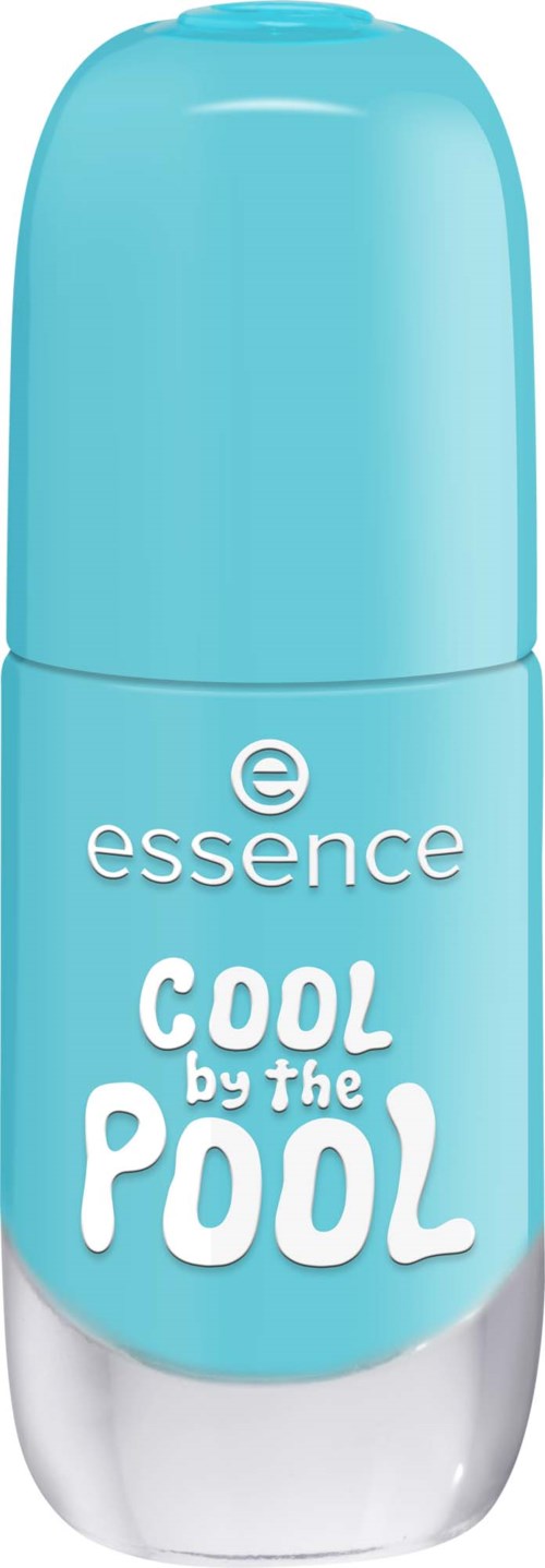 En blå rullande deodorantbehållare med orden essence och cool by the pool på den.
