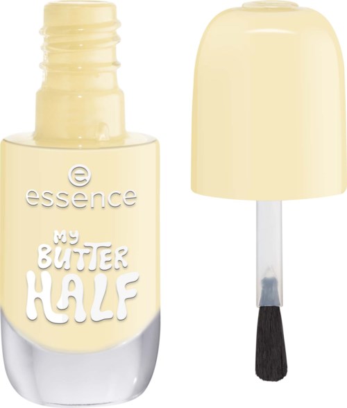 En gul nagellackflaska med borttagen kork, visar penseln inuti. Etiketten säger My Butter Half.