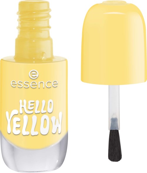Keltainen kynsilakkapullo, jossa on musta harja, merkiltään Hello Yellow, Essence.