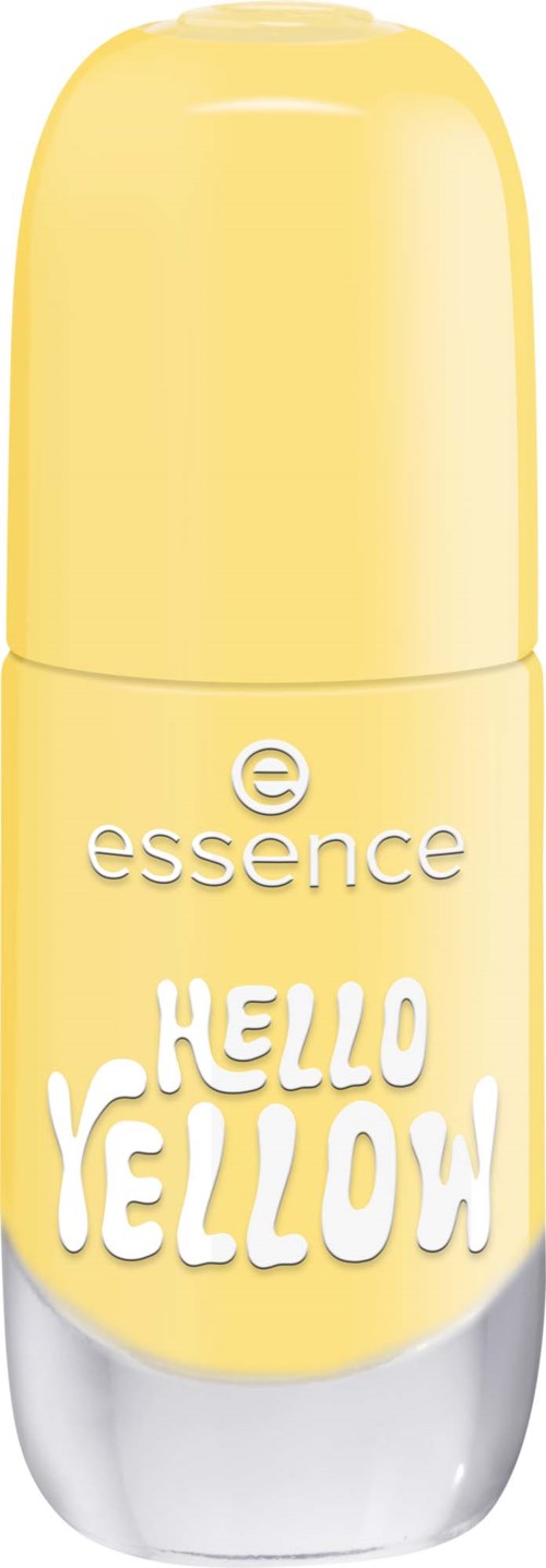 Keltainen roll-on-pullo, jossa lukee Hello Yellow by Essence. Se on sileä ja kiiltävä.
