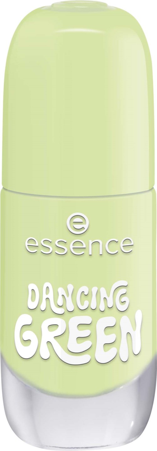 En ljusgrön stående deodorant med vit text som säger DANCING GREEN och essence-logga.