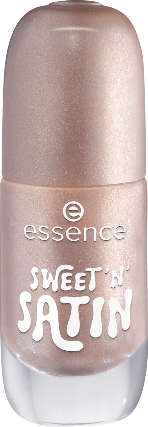 En flaska nagellacksfärg Essence Sweet'n Satin i en ljus rosa nyans med ett glänsande lock.