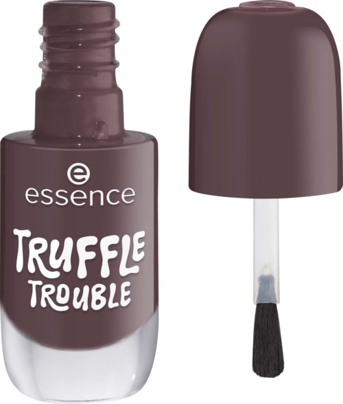 En liten flaska mörk nagellack med lock och pensel framför.