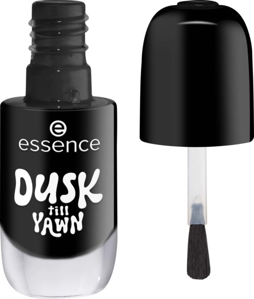 En svart nagellacksflaska med lock och borste, märkt Essence Dusk Till Yawn.